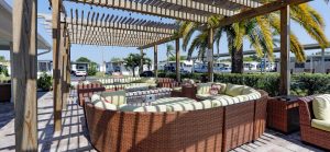 shaded seating area with palm trees