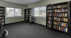bookshelves and seating